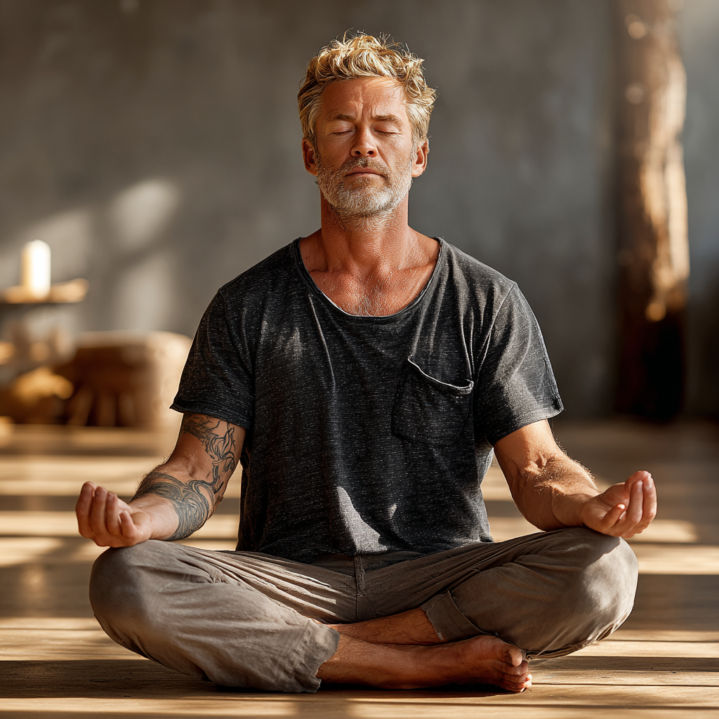 Middle-aged man around 45 years old in meditation pose sitting cross-legged indoors in a serene yoga studio with natural lighting