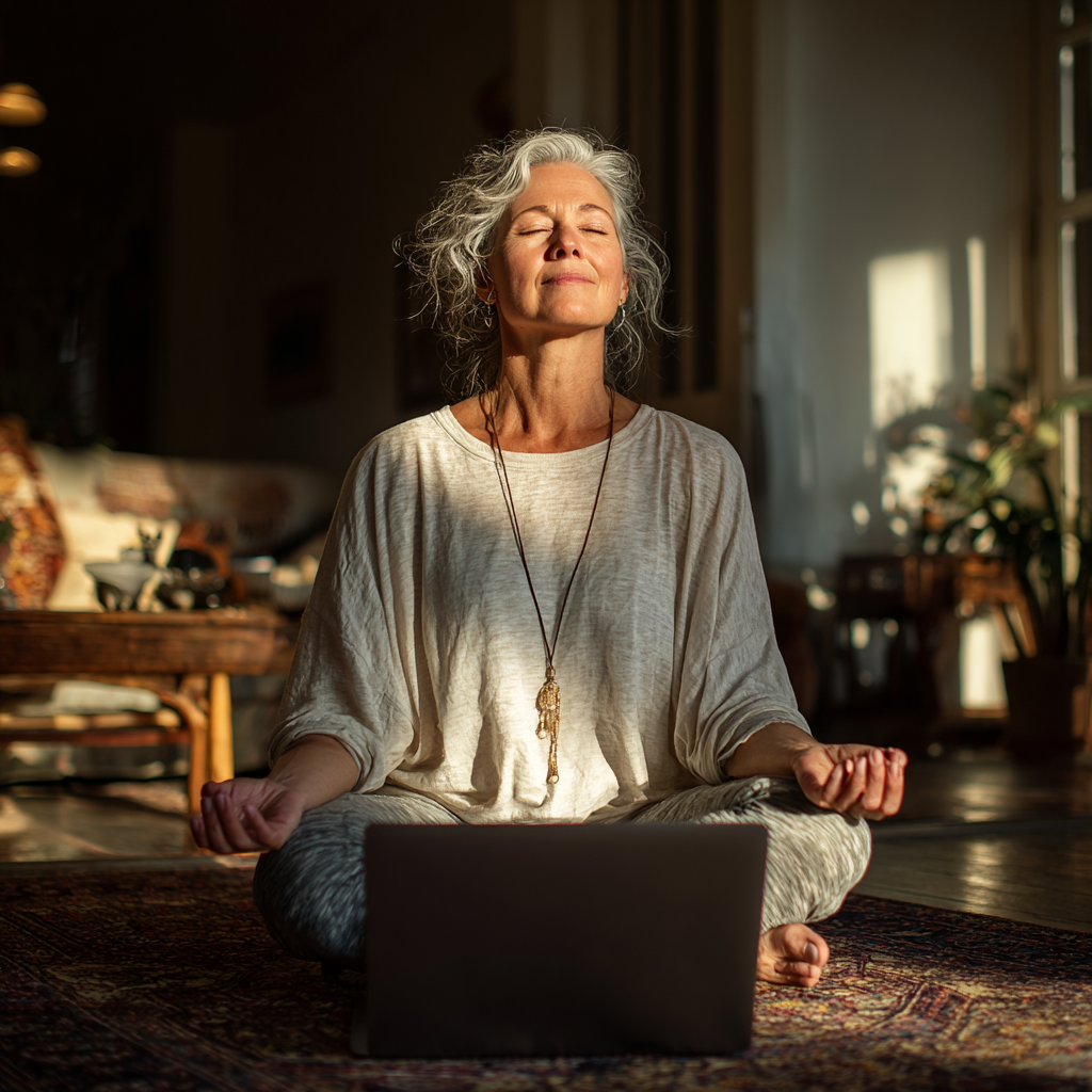 Woman around 50 years old following online yoga class on laptop at home, practicing yoga pose on mat in living room with natural daylight